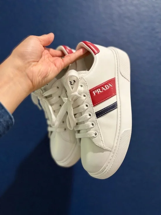 Prada White Leather Sneakers Red Stripe | Size 35 | Like New | Full Set - Picture 6 of 13